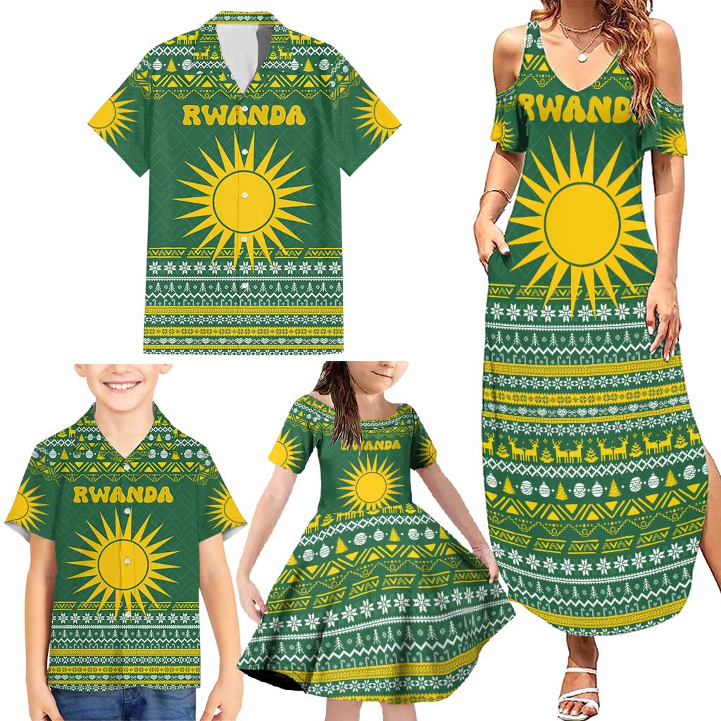 Rwanda Christmas Family Matching Summer Maxi Dress and Hawaiian Shirt with Green-Yellow Pattern, National Emblem, and Radiant Sun Motif - Wonder Print Shop