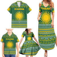 Rwanda Christmas Family Matching Summer Maxi Dress and Hawaiian Shirt with Green-Yellow Pattern, National Emblem, and Radiant Sun Motif - Wonder Print Shop