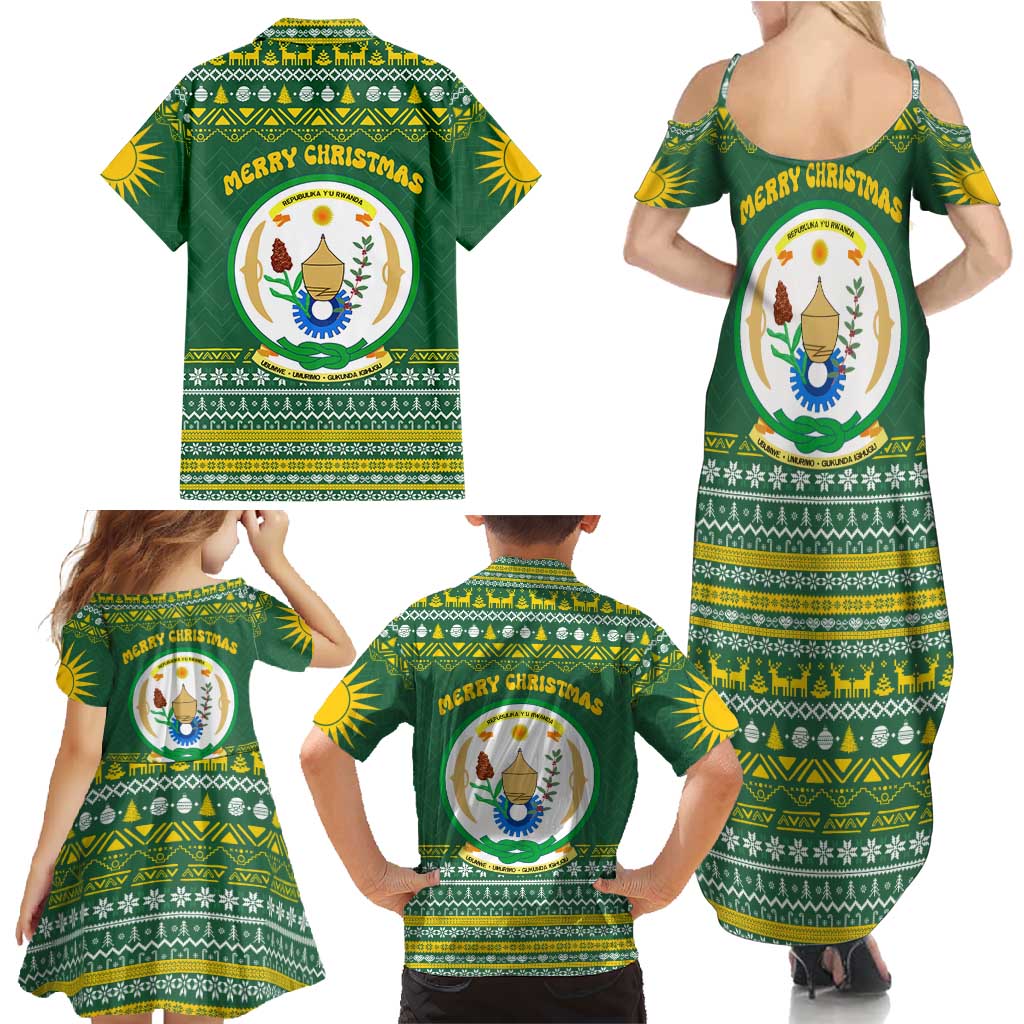 Rwanda Christmas Family Matching Summer Maxi Dress and Hawaiian Shirt with Green-Yellow Pattern, National Emblem, and Radiant Sun Motif - Wonder Print Shop