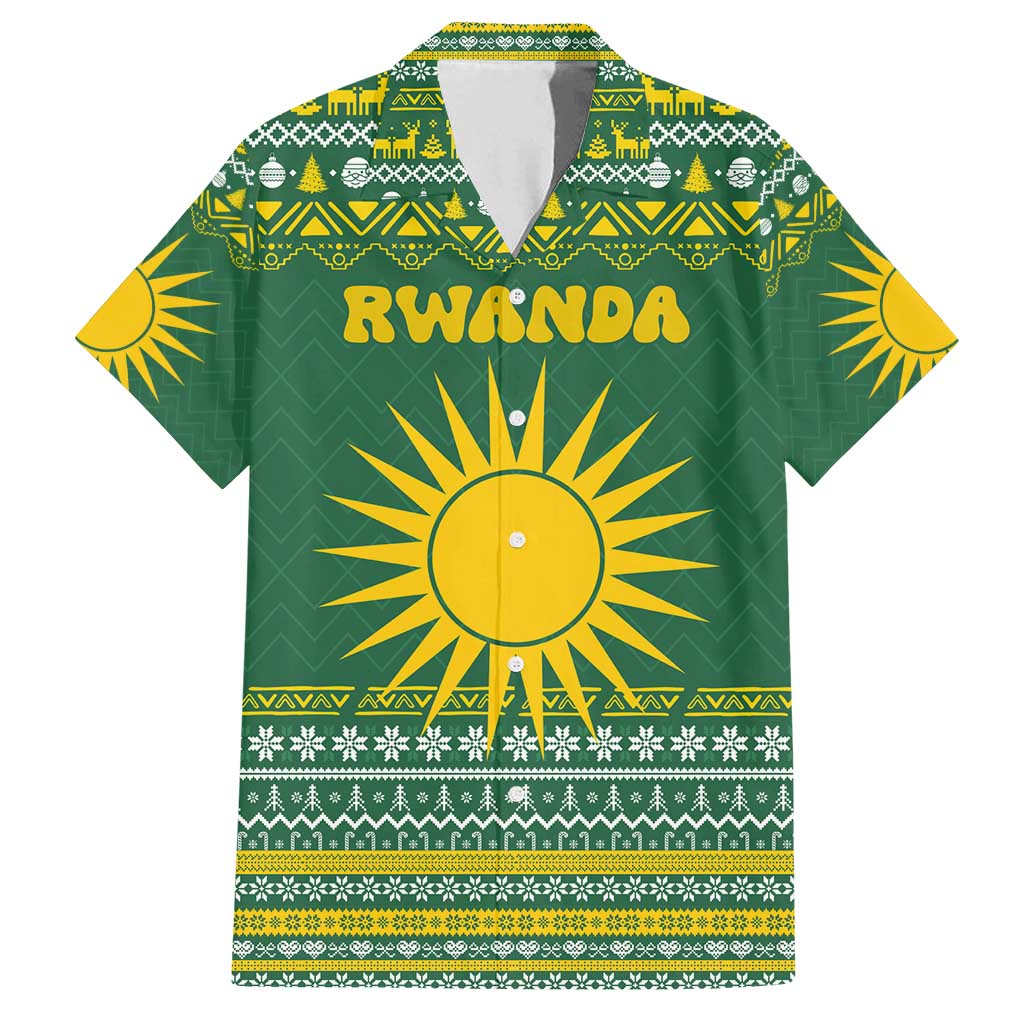Rwanda Christmas Family Matching Summer Maxi Dress and Hawaiian Shirt with Green-Yellow Pattern, National Emblem, and Radiant Sun Motif - Wonder Print Shop