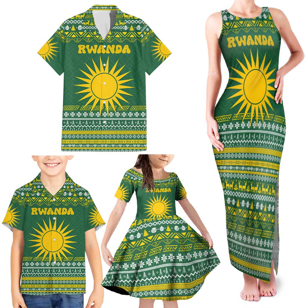 Rwanda Christmas Family Matching Tank Maxi Dress and Hawaiian Shirt with Green-Yellow Pattern, National Emblem, and Radiant Sun Motif - Wonder Print Shop