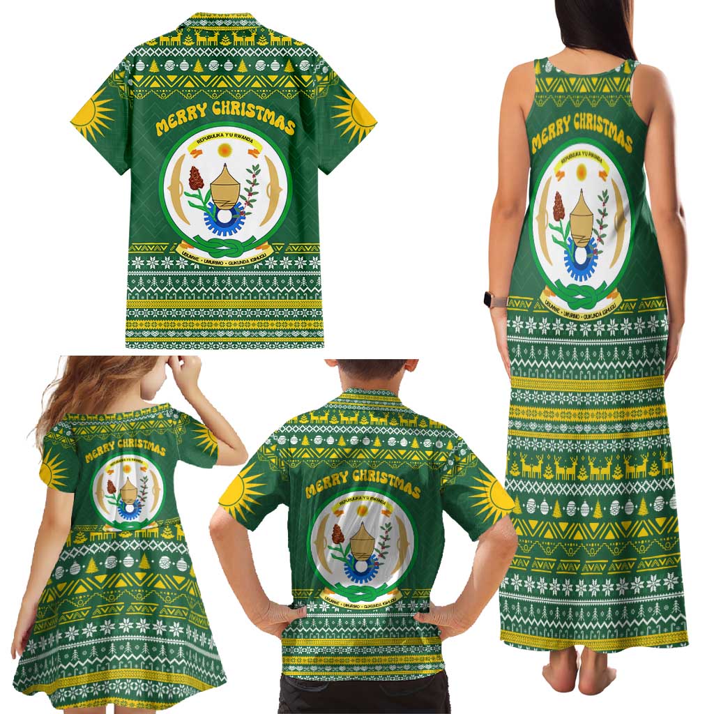 Rwanda Christmas Family Matching Tank Maxi Dress and Hawaiian Shirt with Green-Yellow Pattern, National Emblem, and Radiant Sun Motif - Wonder Print Shop