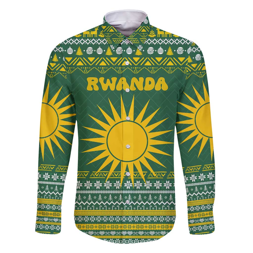 Rwanda Christmas Family Matching Tank Maxi Dress and Hawaiian Shirt with Green-Yellow Pattern, National Emblem, and Radiant Sun Motif - Wonder Print Shop