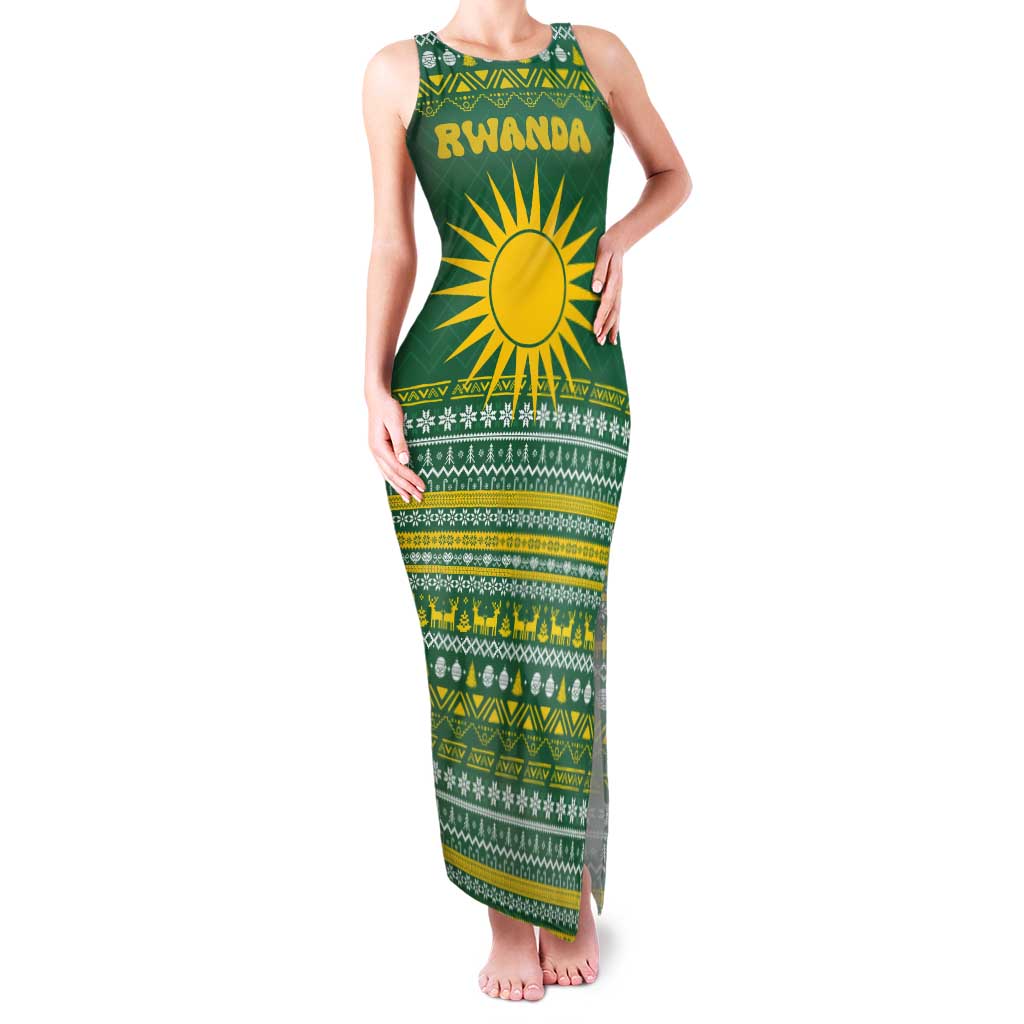 Rwanda Christmas Family Matching Tank Maxi Dress and Hawaiian Shirt with Green-Yellow Pattern, National Emblem, and Radiant Sun Motif - Wonder Print Shop