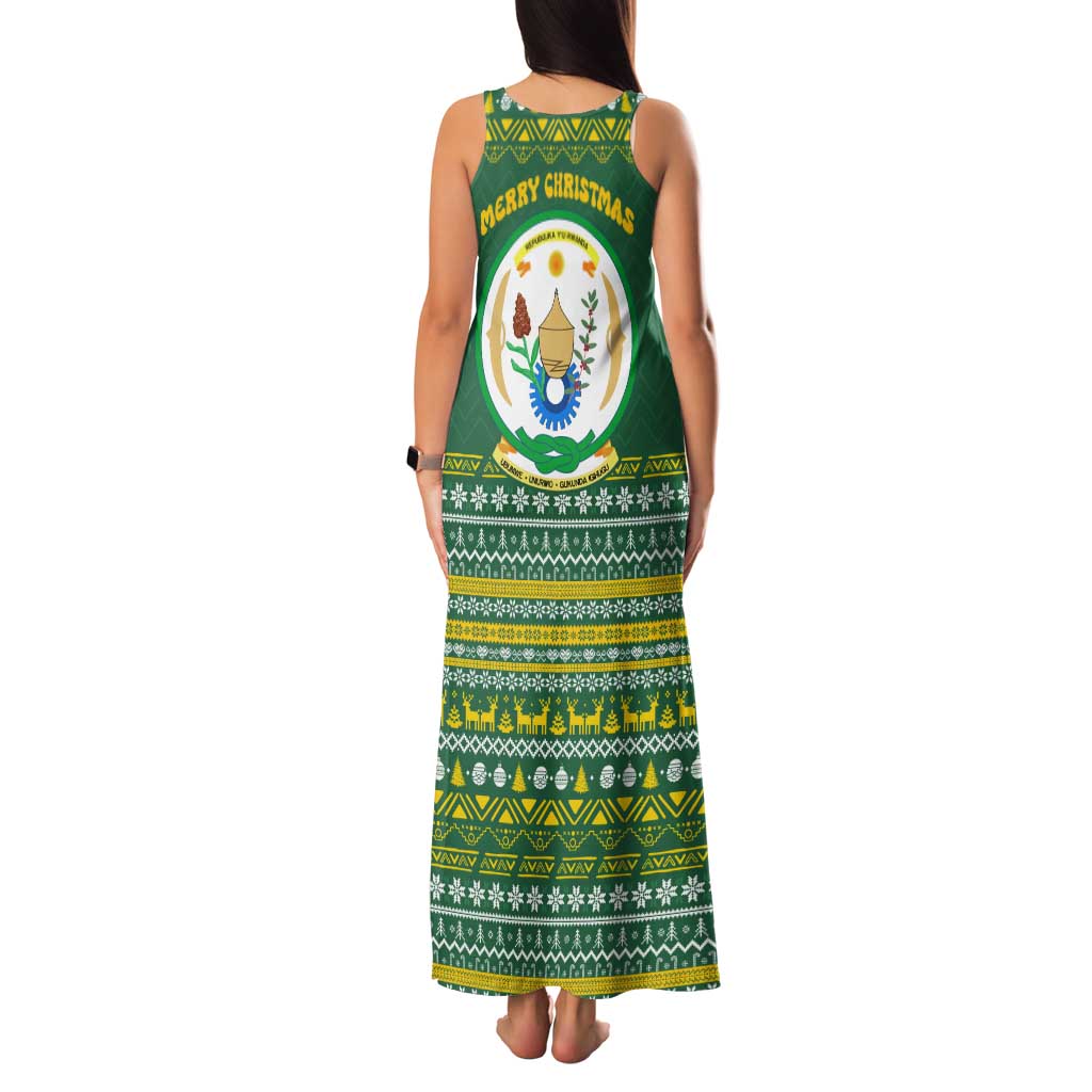 Rwanda Christmas Family Matching Tank Maxi Dress and Hawaiian Shirt with Green-Yellow Pattern, National Emblem, and Radiant Sun Motif - Wonder Print Shop