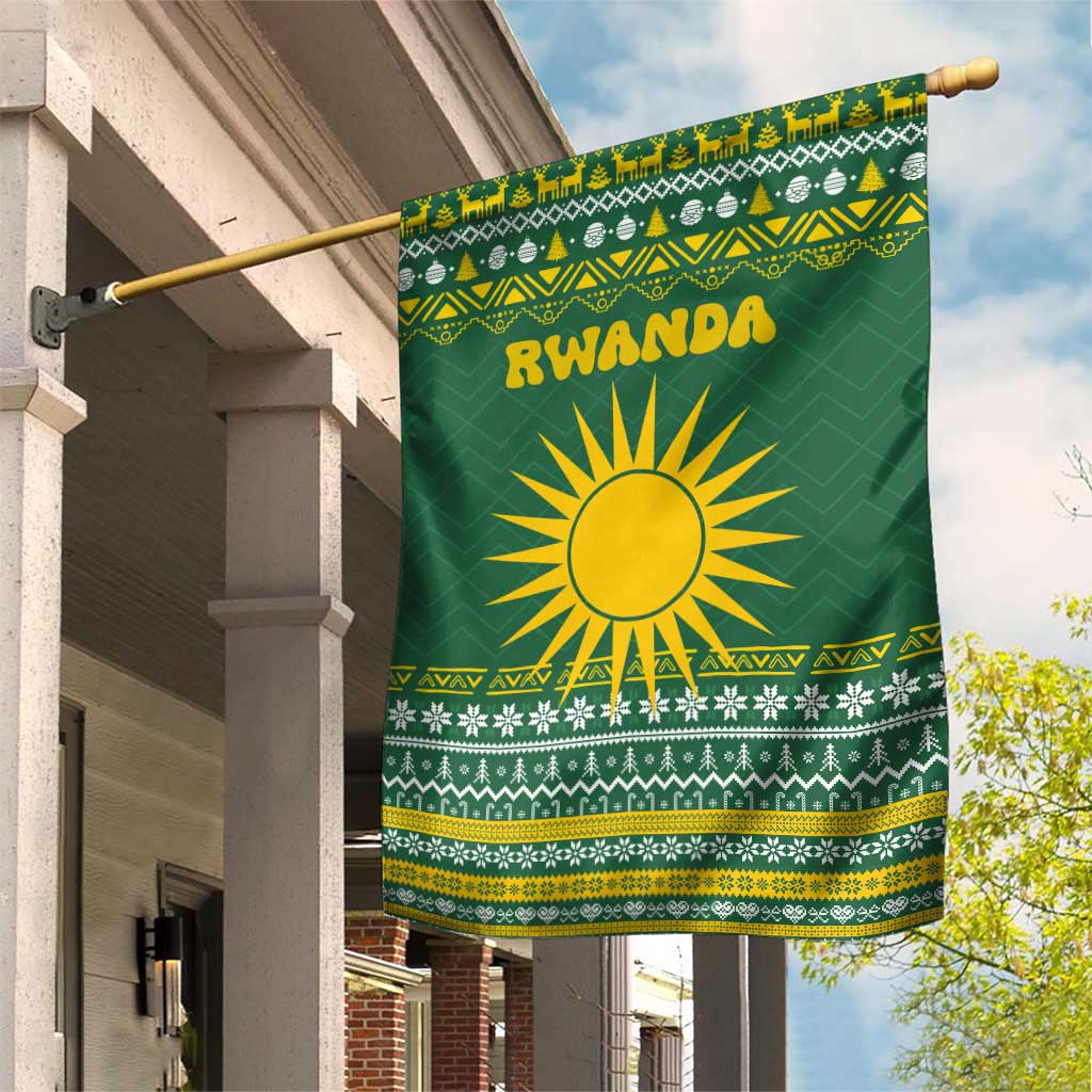 Rwanda Christmas Garden Flag with Green-Yellow Pattern, National Emblem, and Radiant Sun Motif - Wonder Print Shop