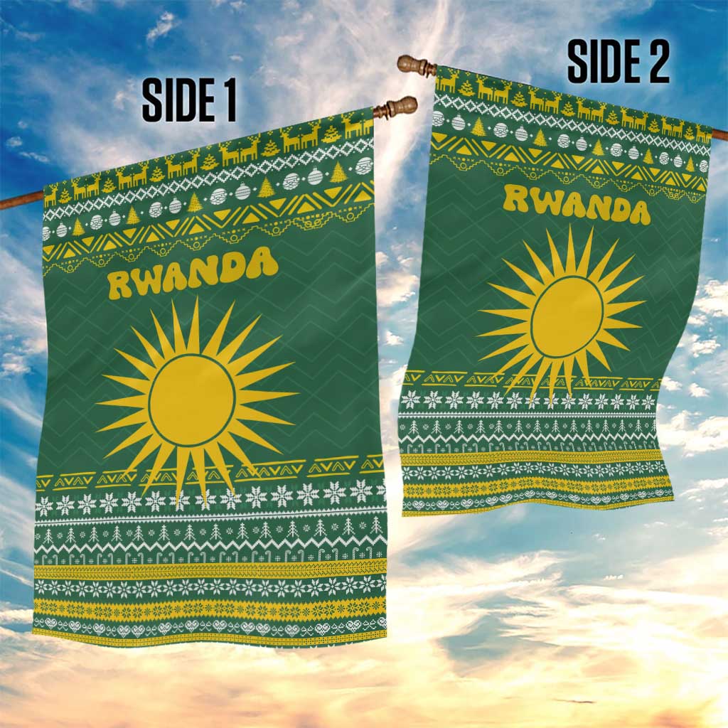 Rwanda Christmas Garden Flag with Green-Yellow Pattern, National Emblem, and Radiant Sun Motif - Wonder Print Shop