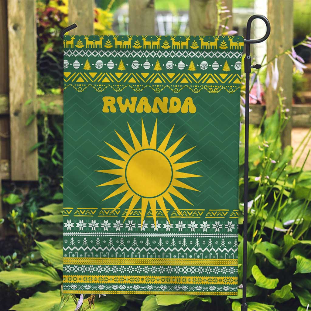 Rwanda Christmas Garden Flag with Green-Yellow Pattern, National Emblem, and Radiant Sun Motif - Wonder Print Shop