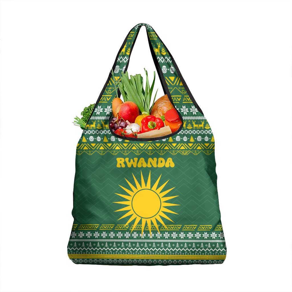 Rwanda Christmas Grocery Bag with Green-Yellow Pattern, National Emblem, and Radiant Sun Motif - Wonder Print Shop