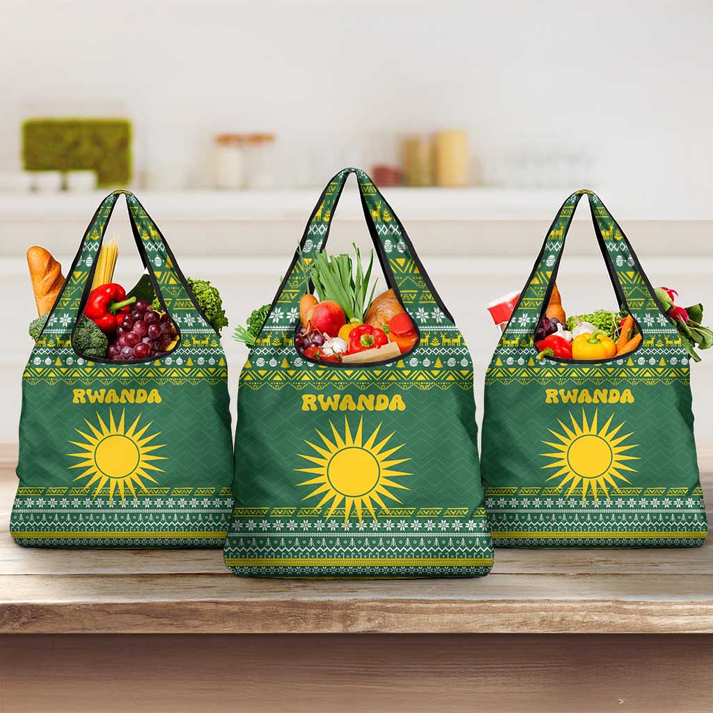 Rwanda Christmas Grocery Bag with Green-Yellow Pattern, National Emblem, and Radiant Sun Motif - Wonder Print Shop