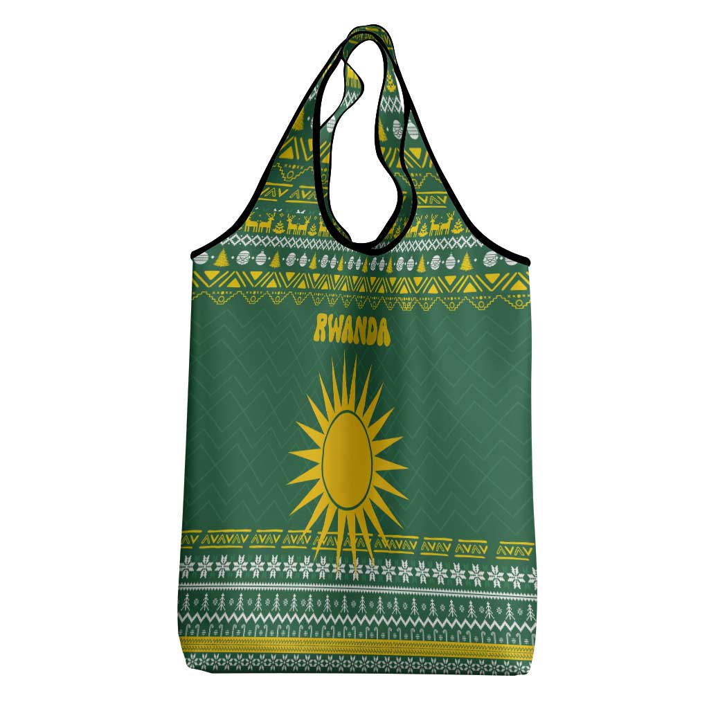Rwanda Christmas Grocery Bag with Green-Yellow Pattern, National Emblem, and Radiant Sun Motif - Wonder Print Shop