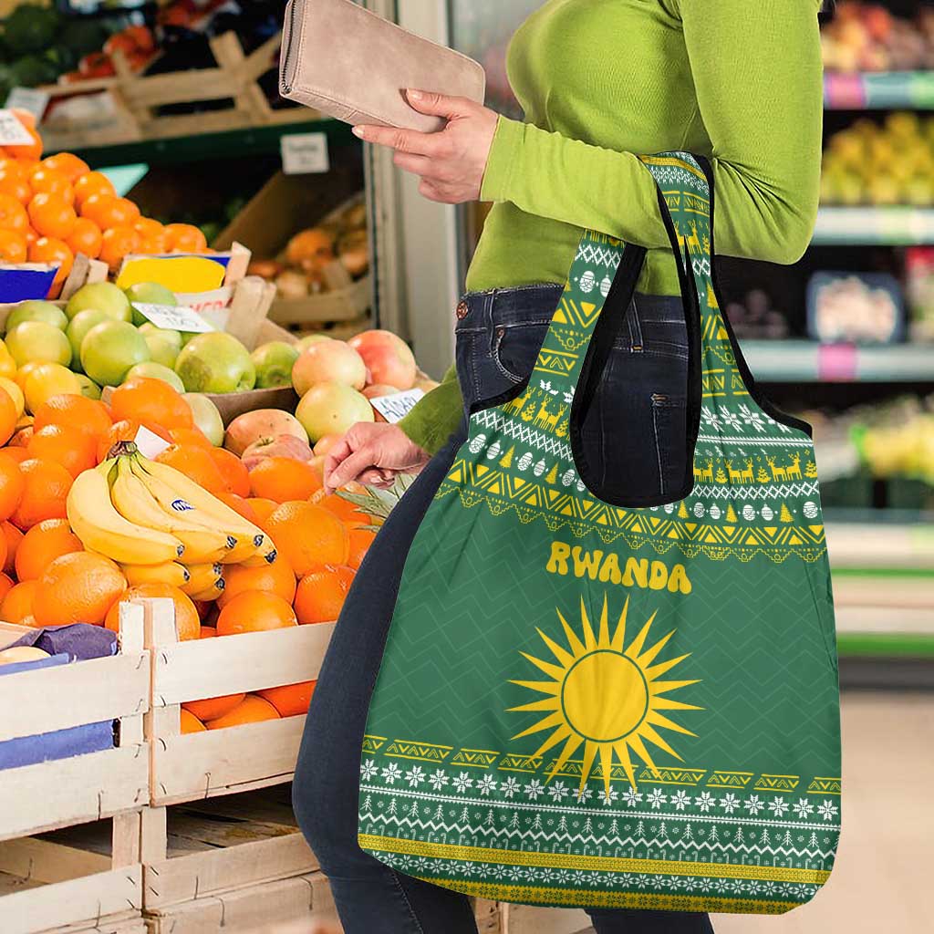 Rwanda Christmas Grocery Bag with Green-Yellow Pattern, National Emblem, and Radiant Sun Motif - Wonder Print Shop
