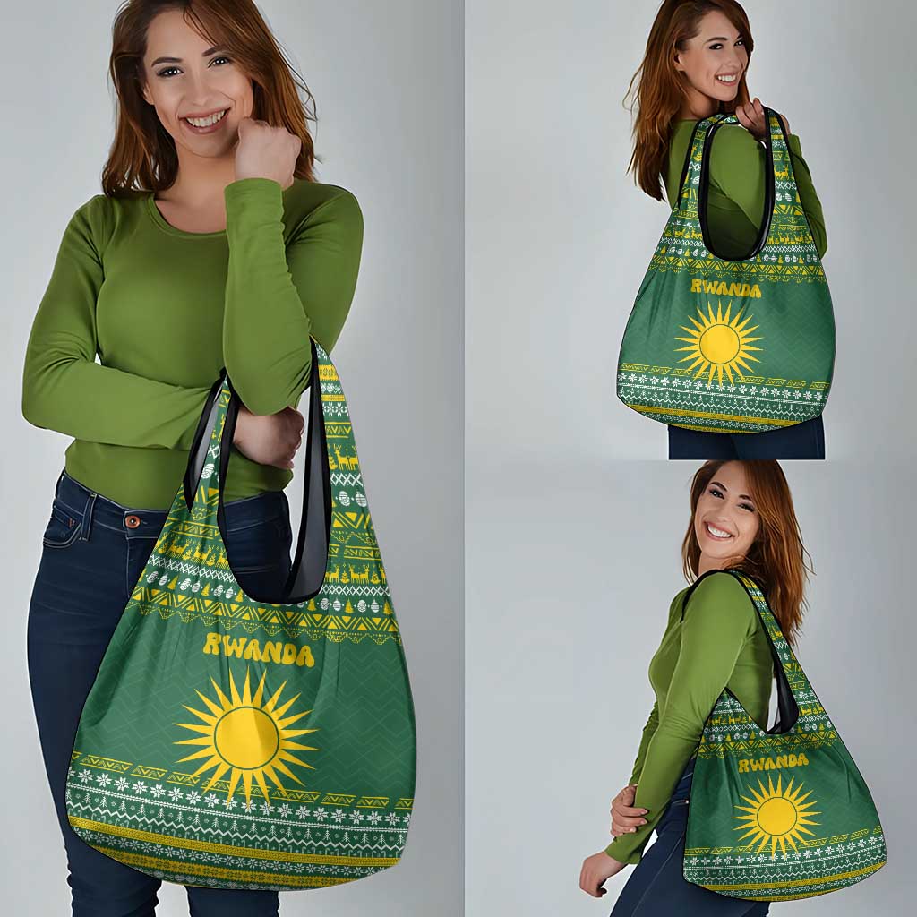 Rwanda Christmas Grocery Bag with Green-Yellow Pattern, National Emblem, and Radiant Sun Motif - Wonder Print Shop
