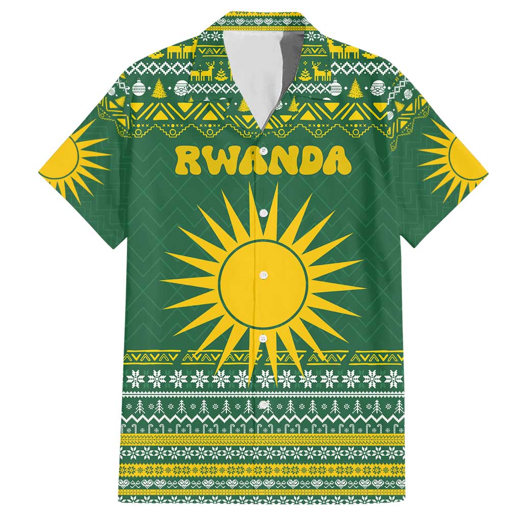 Rwanda Christmas Hawaiian Shirt with Green-Yellow Pattern, National Emblem, and Radiant Sun Motif - Wonder Print Shop