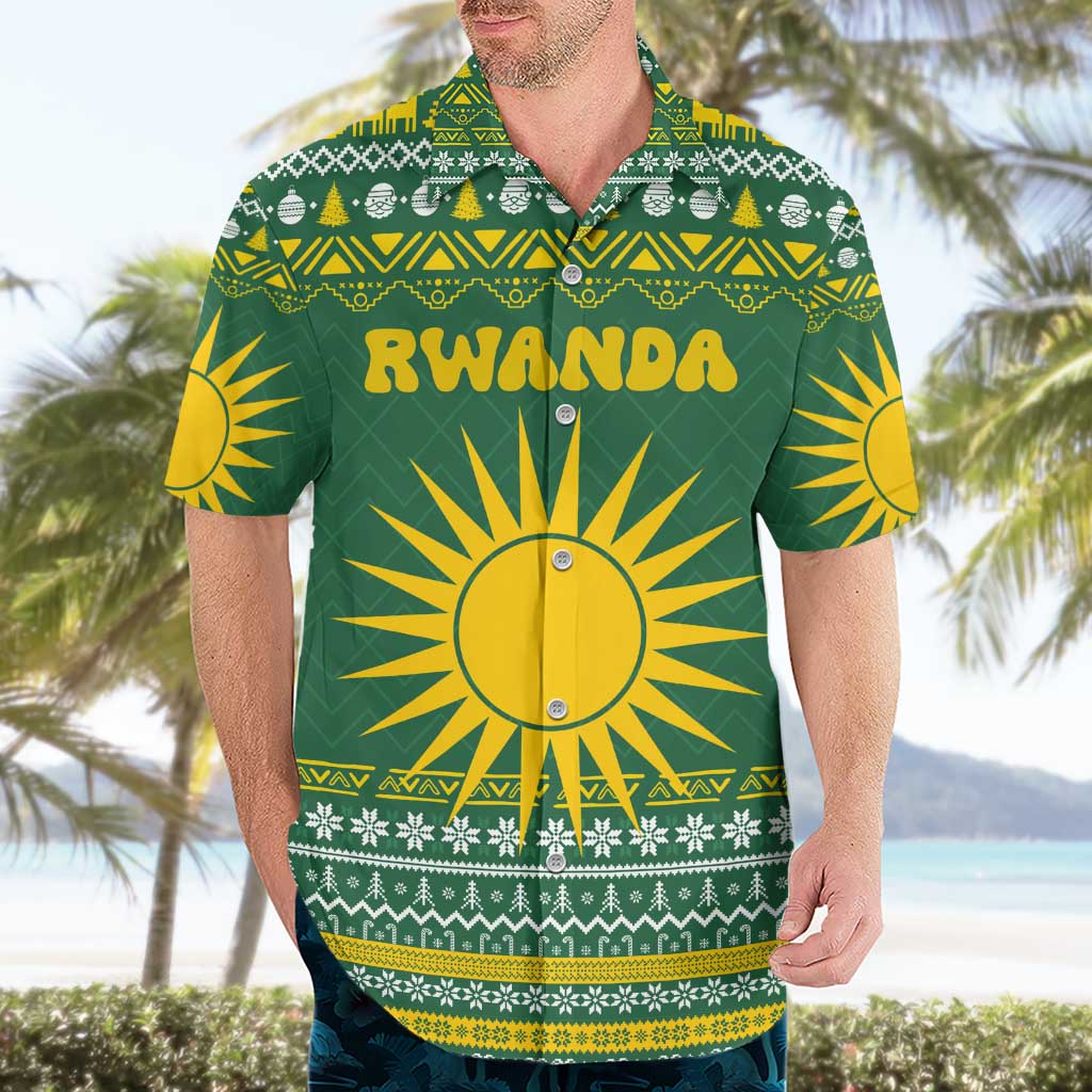 Rwanda Christmas Hawaiian Shirt with Green-Yellow Pattern, National Emblem, and Radiant Sun Motif - Wonder Print Shop