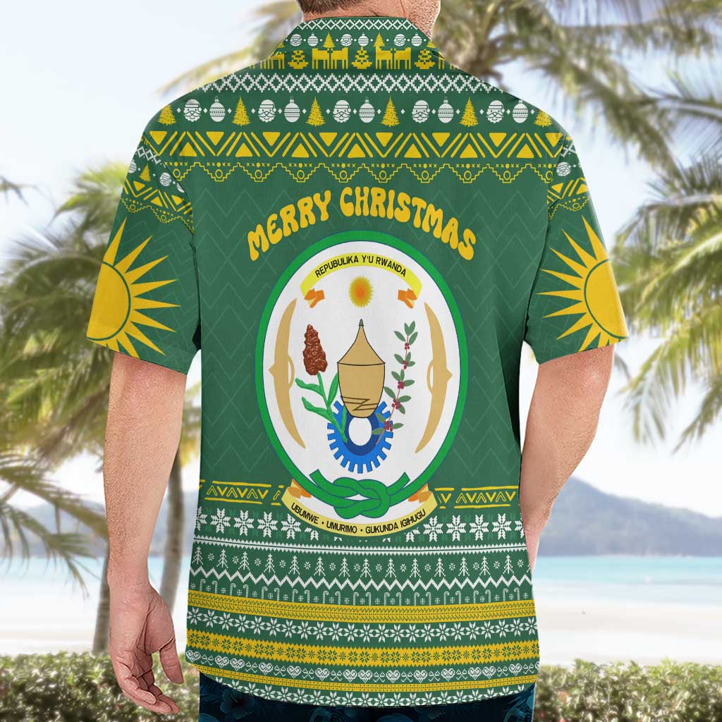 Rwanda Christmas Hawaiian Shirt with Green-Yellow Pattern, National Emblem, and Radiant Sun Motif - Wonder Print Shop