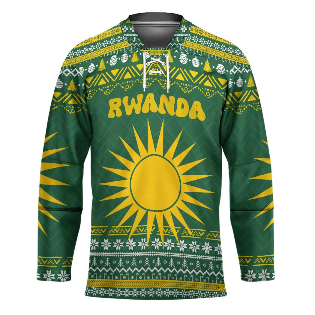 Rwanda Christmas Hockey Jersey with Green-Yellow Pattern, National Emblem, and Radiant Sun Motif - Wonder Print Shop