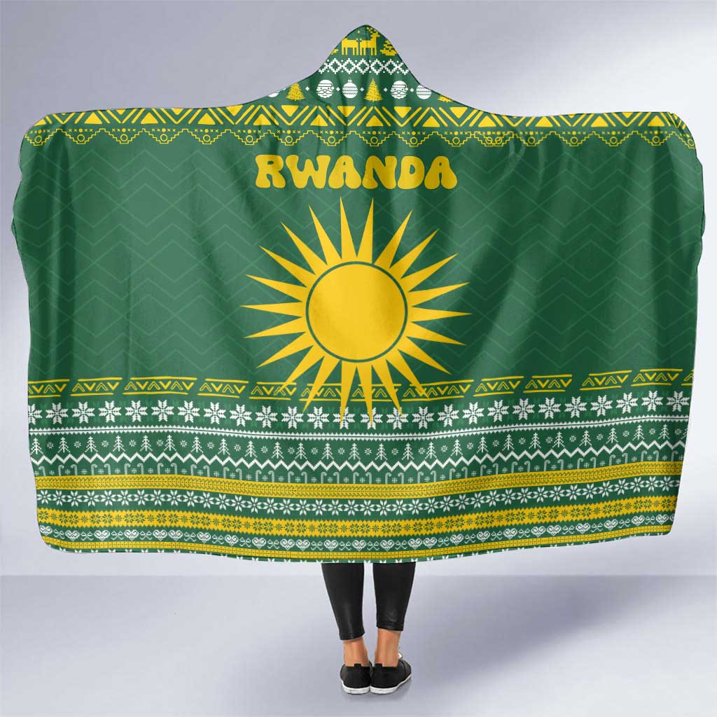 Rwanda Christmas Hooded Blanket with Green-Yellow Pattern, National Emblem, and Radiant Sun Motif - Wonder Print Shop