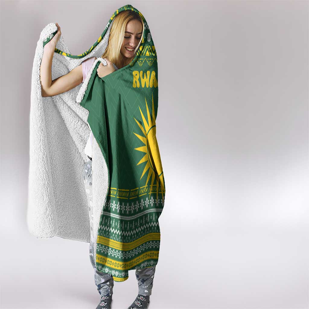 Rwanda Christmas Hooded Blanket with Green-Yellow Pattern, National Emblem, and Radiant Sun Motif - Wonder Print Shop
