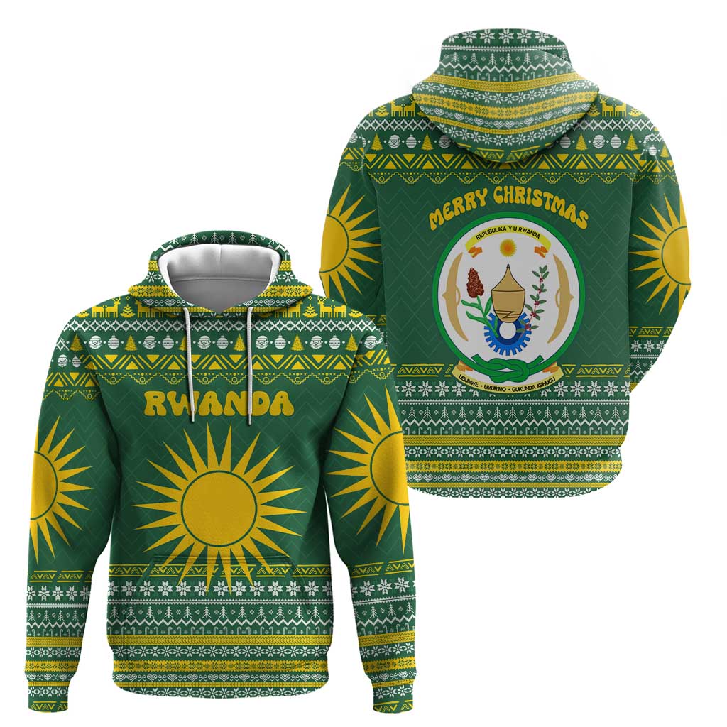 Rwanda Christmas Hoodie with Green-Yellow Pattern, National Emblem, and Radiant Sun Motif - Wonder Print Shop