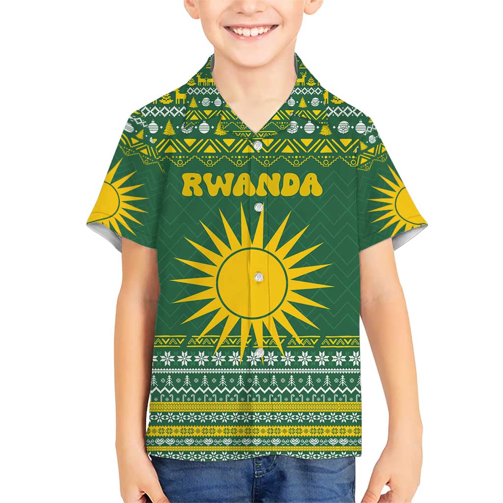 Rwanda Christmas Kid Hawaiian Shirt with Green-Yellow Pattern, National Emblem, and Radiant Sun Motif - Wonder Print Shop