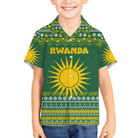 Rwanda Christmas Kid Hawaiian Shirt with Green-Yellow Pattern, National Emblem, and Radiant Sun Motif - Wonder Print Shop