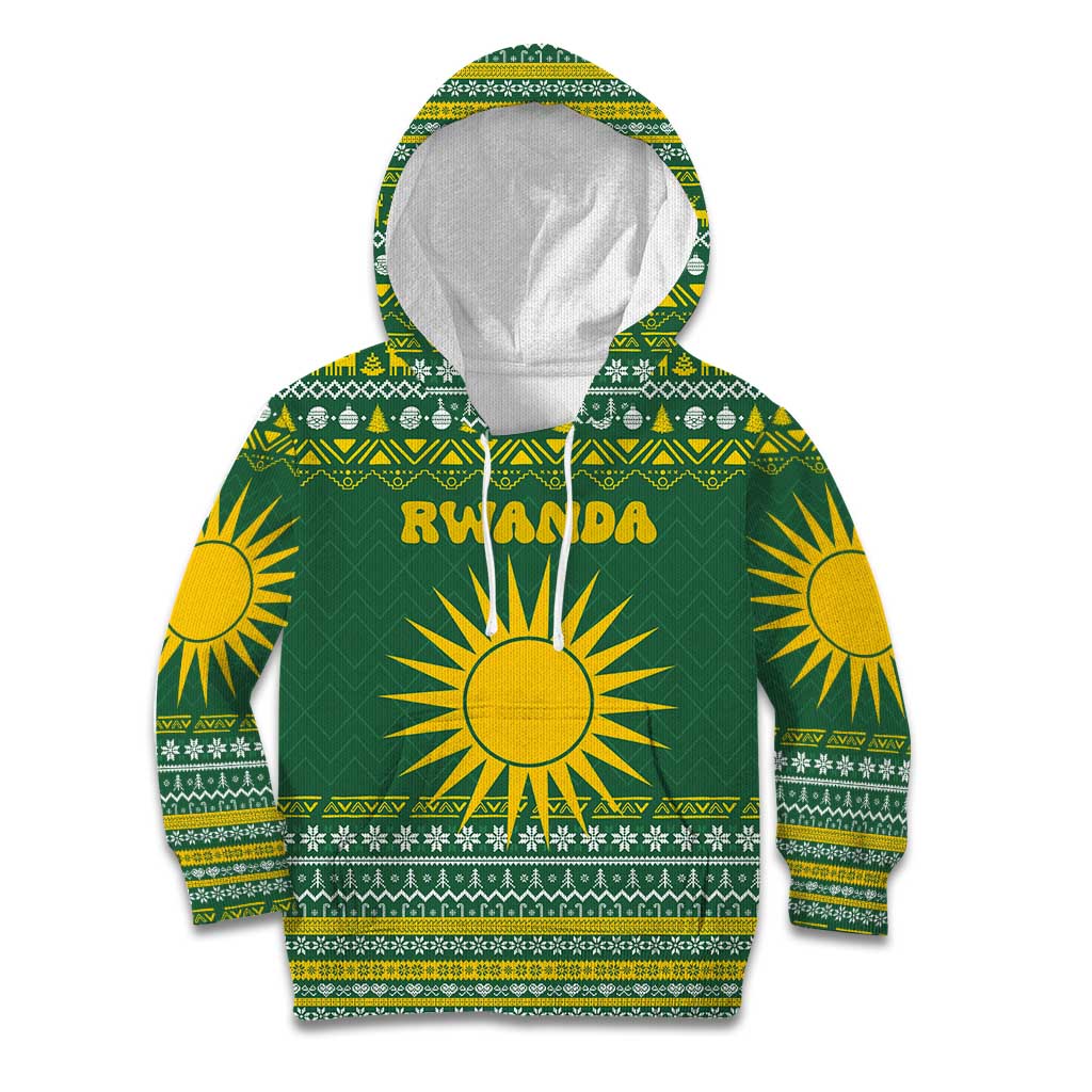 Rwanda Christmas Kid Hoodie with Green-Yellow Pattern, National Emblem, and Radiant Sun Motif - Wonder Print Shop