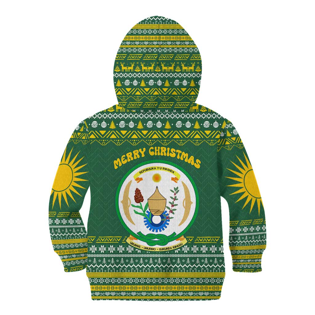 Rwanda Christmas Kid Hoodie with Green-Yellow Pattern, National Emblem, and Radiant Sun Motif - Wonder Print Shop
