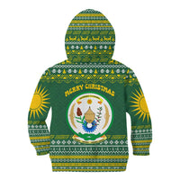 Rwanda Christmas Kid Hoodie with Green-Yellow Pattern, National Emblem, and Radiant Sun Motif - Wonder Print Shop