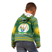 Rwanda Christmas Kid Hoodie with Green-Yellow Pattern, National Emblem, and Radiant Sun Motif - Wonder Print Shop