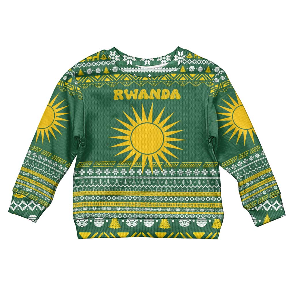 Rwanda Christmas Kid Ugly Christmas Sweater with Green-Yellow Pattern, National Emblem, and Radiant Sun Motif - Wonder Print Shop