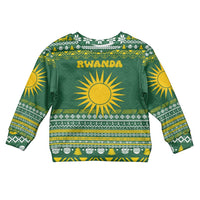 Rwanda Christmas Kid Ugly Christmas Sweater with Green-Yellow Pattern, National Emblem, and Radiant Sun Motif - Wonder Print Shop