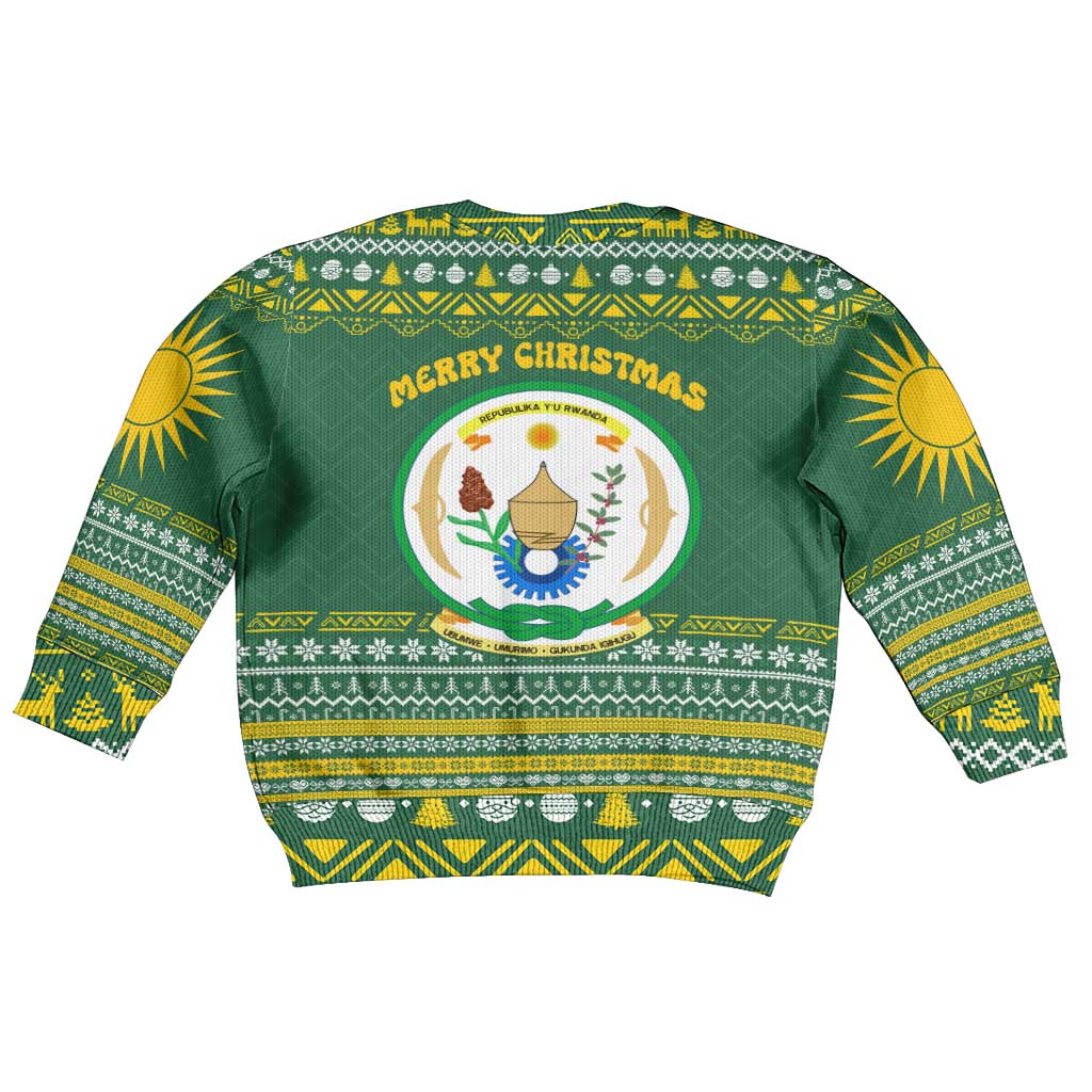 Rwanda Christmas Kid Ugly Christmas Sweater with Green-Yellow Pattern, National Emblem, and Radiant Sun Motif - Wonder Print Shop