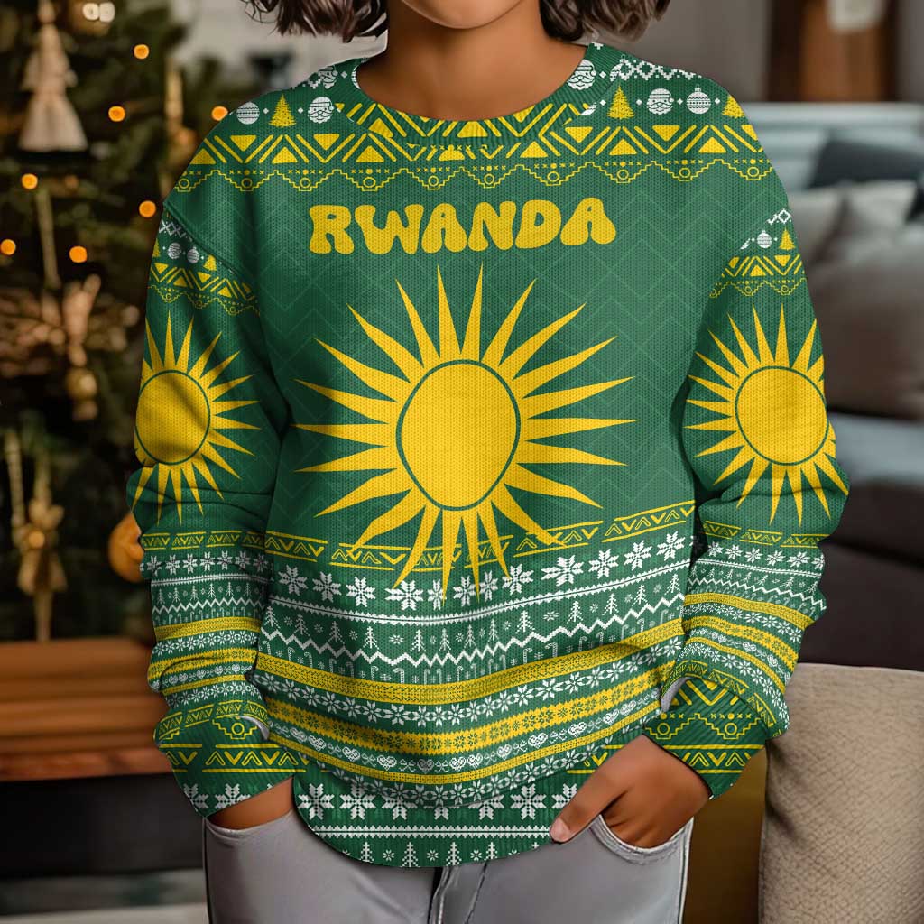 Rwanda Christmas Kid Ugly Christmas Sweater with Green-Yellow Pattern, National Emblem, and Radiant Sun Motif - Wonder Print Shop