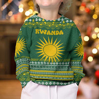 Rwanda Christmas Kid Ugly Christmas Sweater with Green-Yellow Pattern, National Emblem, and Radiant Sun Motif - Wonder Print Shop