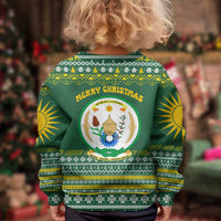 Rwanda Christmas Kid Ugly Christmas Sweater with Green-Yellow Pattern, National Emblem, and Radiant Sun Motif - Wonder Print Shop