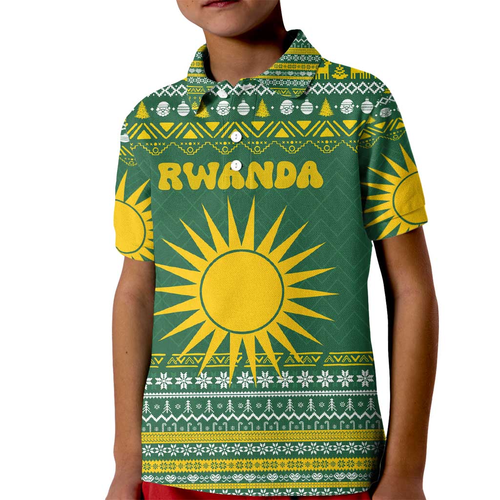 Rwanda Christmas Kid Polo Shirt with Green-Yellow Pattern, National Emblem, and Radiant Sun Motif - Wonder Print Shop