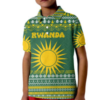 Rwanda Christmas Kid Polo Shirt with Green-Yellow Pattern, National Emblem, and Radiant Sun Motif - Wonder Print Shop