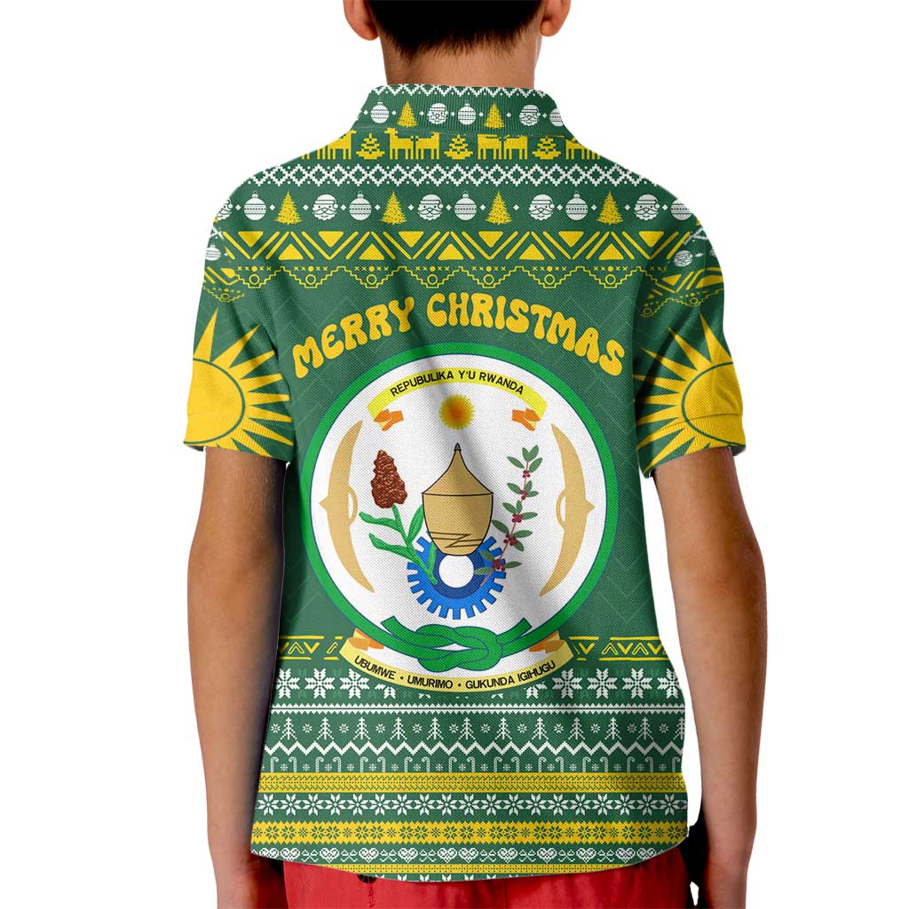 Rwanda Christmas Kid Polo Shirt with Green-Yellow Pattern, National Emblem, and Radiant Sun Motif - Wonder Print Shop