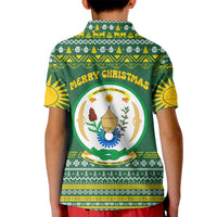 Rwanda Christmas Kid Polo Shirt with Green-Yellow Pattern, National Emblem, and Radiant Sun Motif - Wonder Print Shop