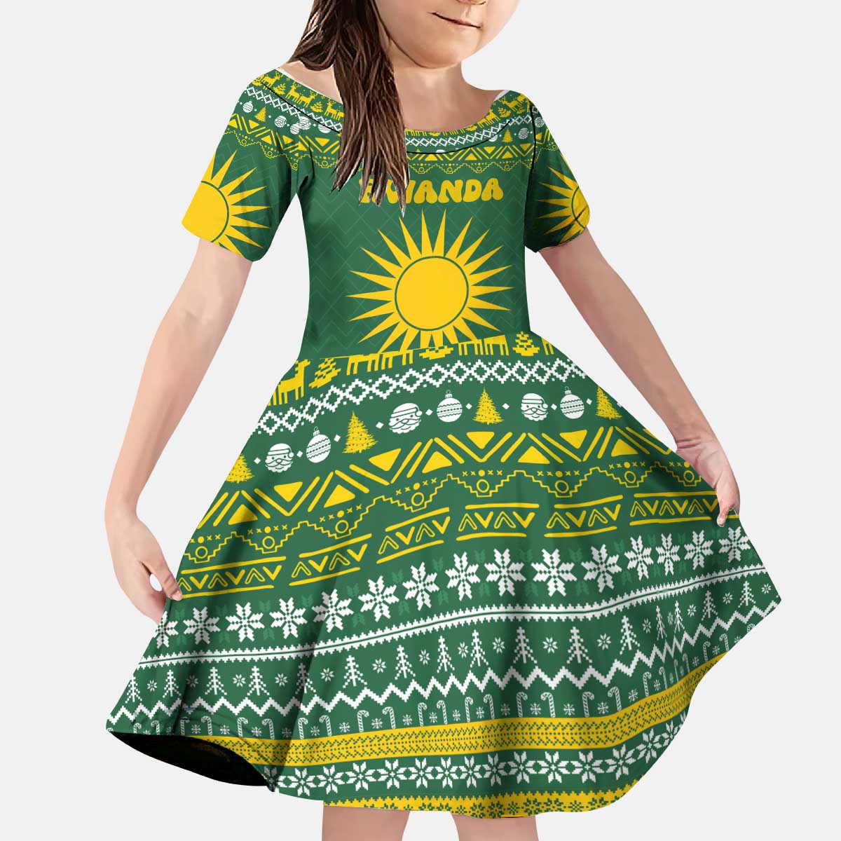 Rwanda Christmas Kid Short Sleeve Dress with Green-Yellow Pattern, National Emblem, and Radiant Sun Motif - Wonder Print Shop