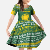 Rwanda Christmas Kid Short Sleeve Dress with Green-Yellow Pattern, National Emblem, and Radiant Sun Motif - Wonder Print Shop