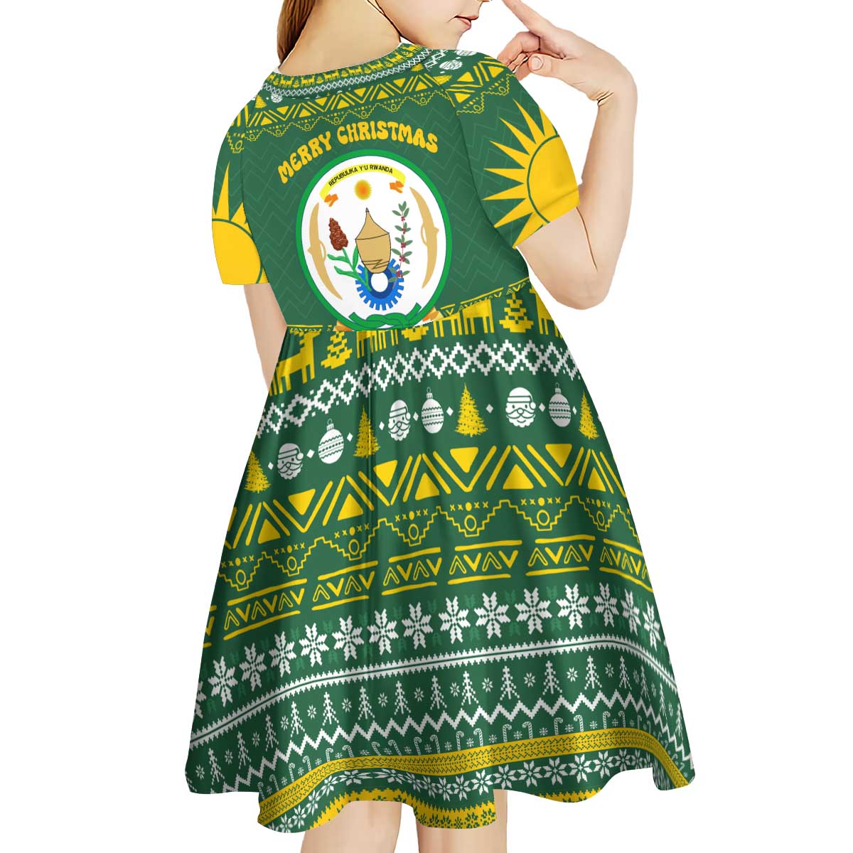 Rwanda Christmas Kid Short Sleeve Dress with Green-Yellow Pattern, National Emblem, and Radiant Sun Motif - Wonder Print Shop