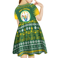 Rwanda Christmas Kid Short Sleeve Dress with Green-Yellow Pattern, National Emblem, and Radiant Sun Motif - Wonder Print Shop