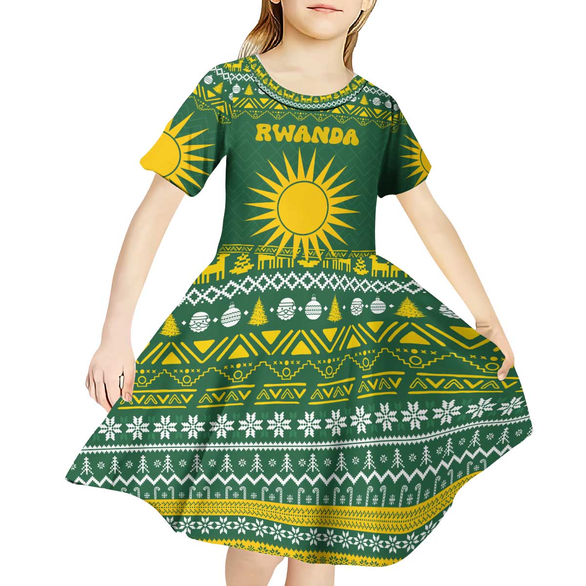 Rwanda Christmas Kid Short Sleeve Dress with Green-Yellow Pattern, National Emblem, and Radiant Sun Motif - Wonder Print Shop