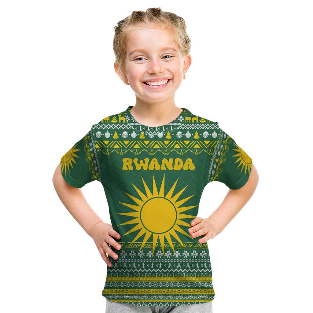 Rwanda Christmas Kid T Shirt with Green-Yellow Pattern, National Emblem, and Radiant Sun Motif - Wonder Print Shop