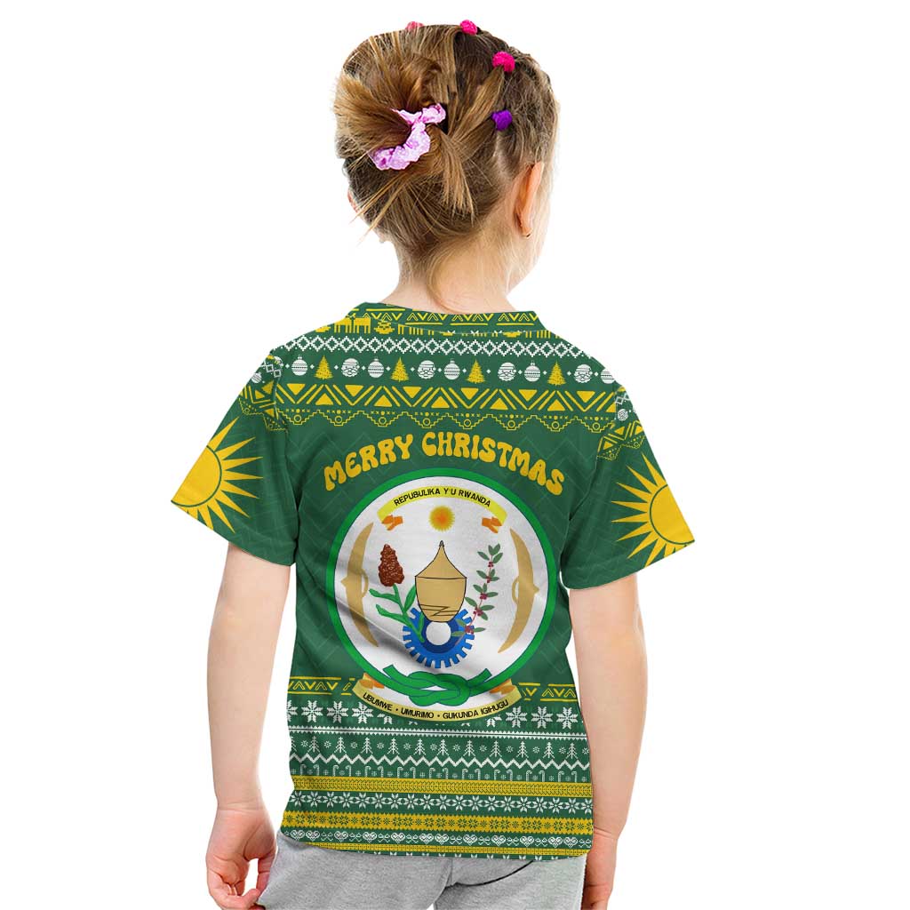 Rwanda Christmas Kid T Shirt with Green-Yellow Pattern, National Emblem, and Radiant Sun Motif - Wonder Print Shop
