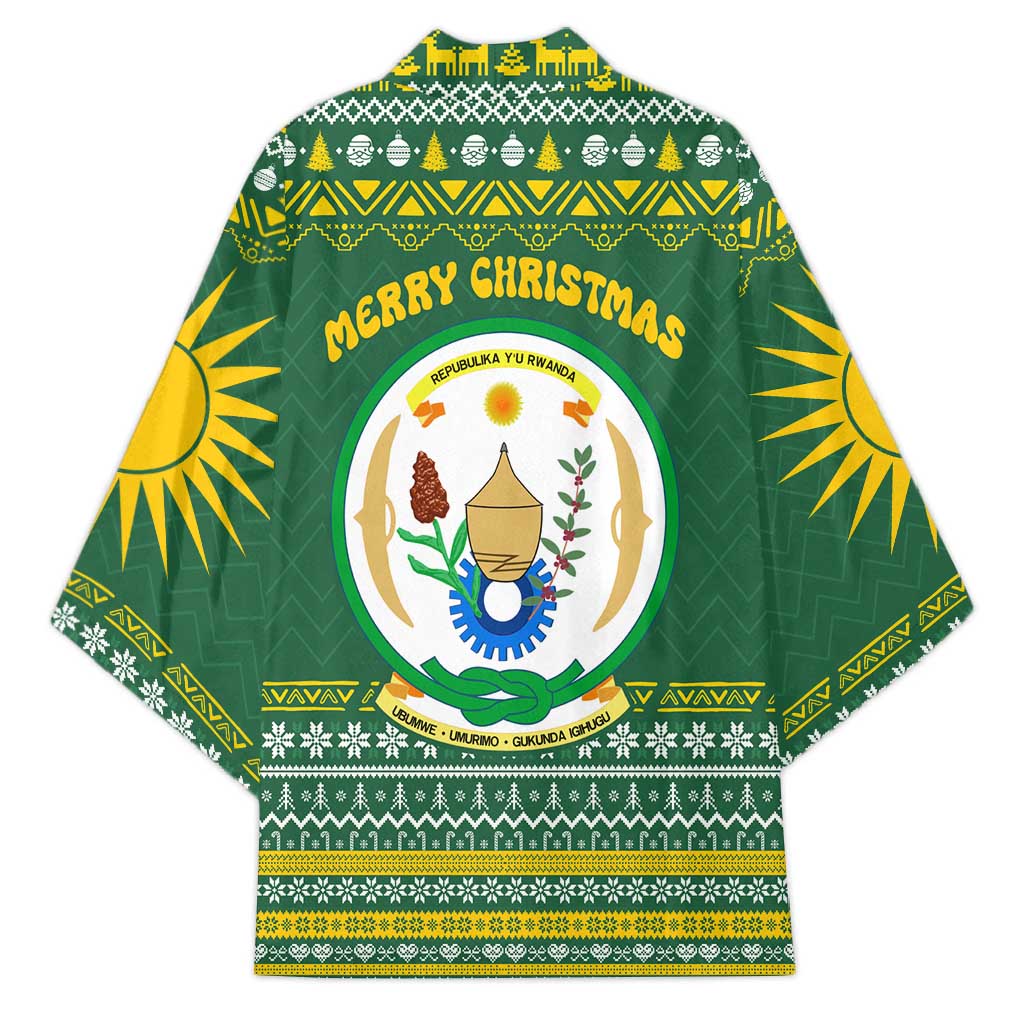 Rwanda Christmas Kimono with Green-Yellow Pattern, National Emblem, and Radiant Sun Motif - Wonder Print Shop