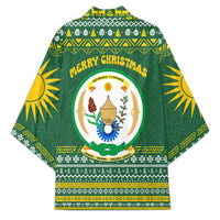 Rwanda Christmas Kimono with Green-Yellow Pattern, National Emblem, and Radiant Sun Motif - Wonder Print Shop