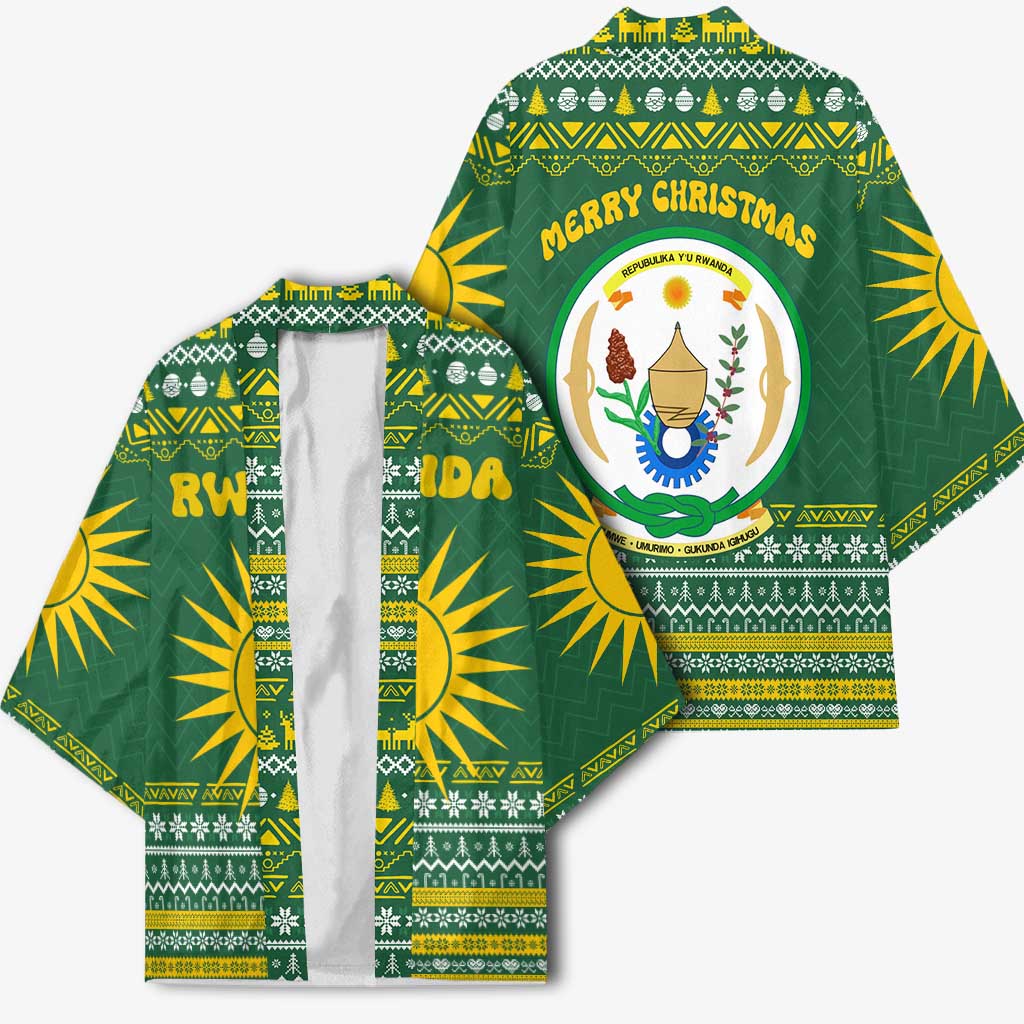 Rwanda Christmas Kimono with Green-Yellow Pattern, National Emblem, and Radiant Sun Motif - Wonder Print Shop